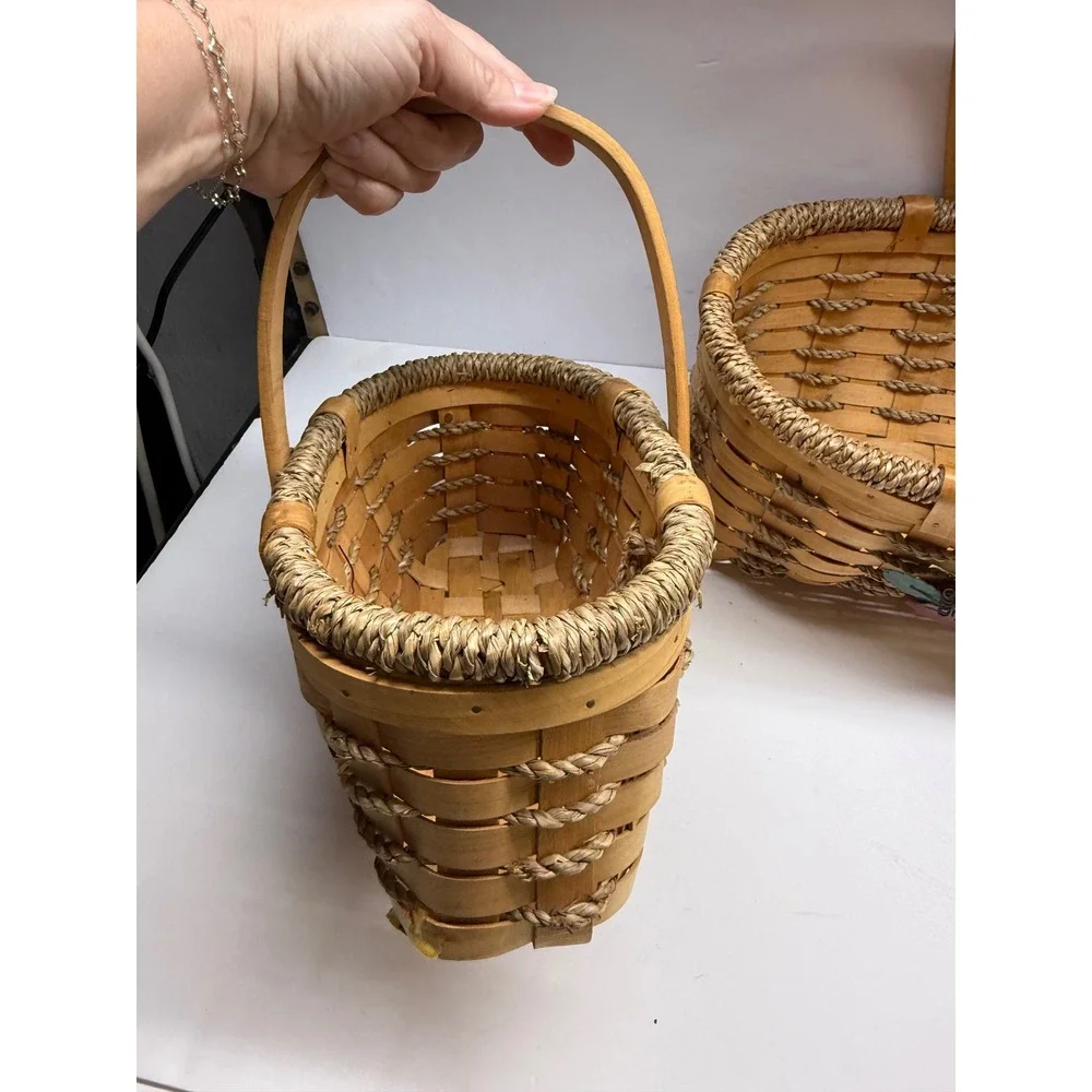 Set of 2 Woven Wood Apple Baskets Rustic Farmhouse Decor with Rope Accents